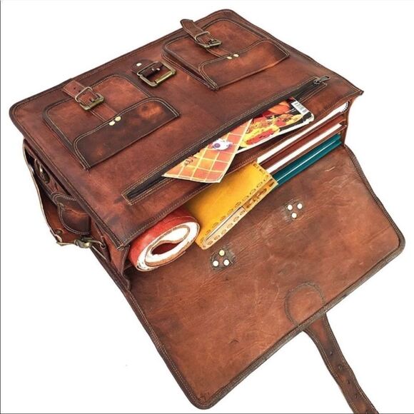 Vintage Leather Travel Messenger Office Crossbody Bag Briefcase - Picture 4 of 8